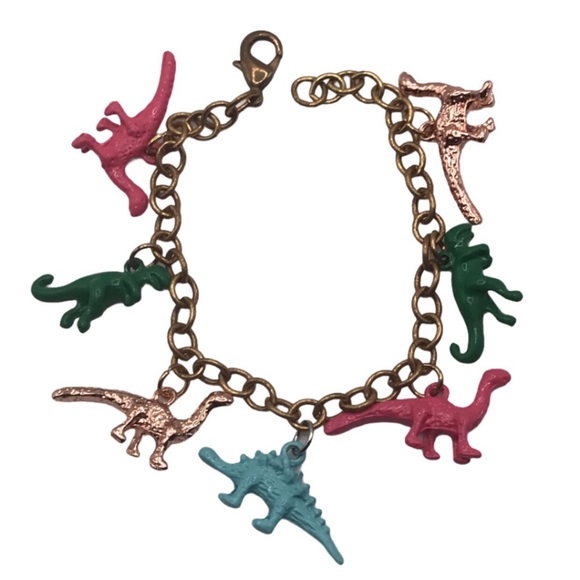 Kawaii Brass + Toy Dinosaur Charm Bracelet plus bonus necklace handmade new - Picture 1 of 4